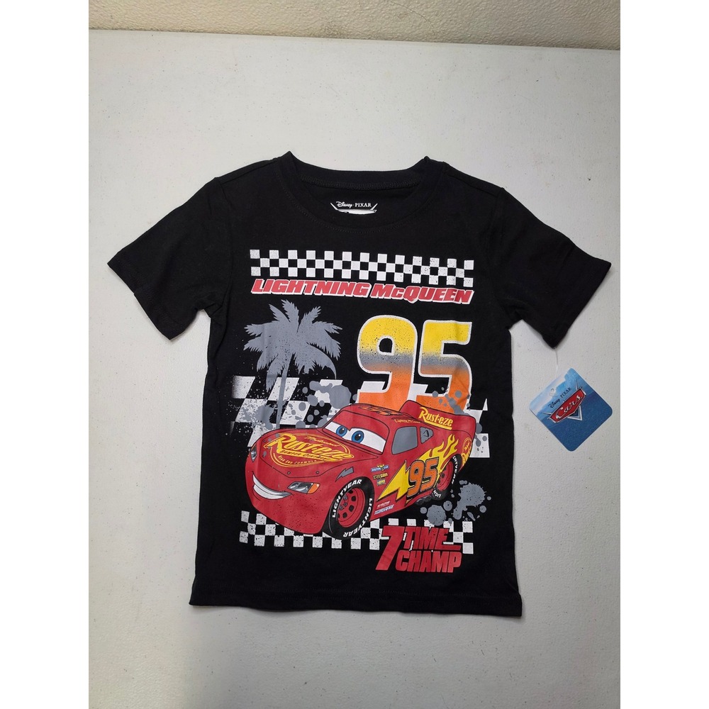 Disney Pixar Cars Lightning McQueen 7 Time Champ Black Graphic T-Shirt Size 5